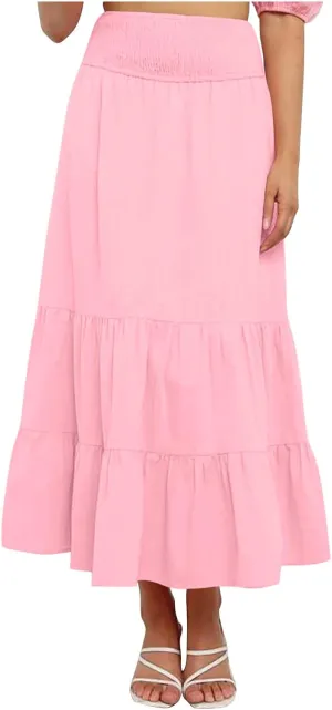 Women Summer Midi Skirts Flowy Elastic High Waist Pleated Tiered Casual Swing Boho A Line Ruffle Skirt