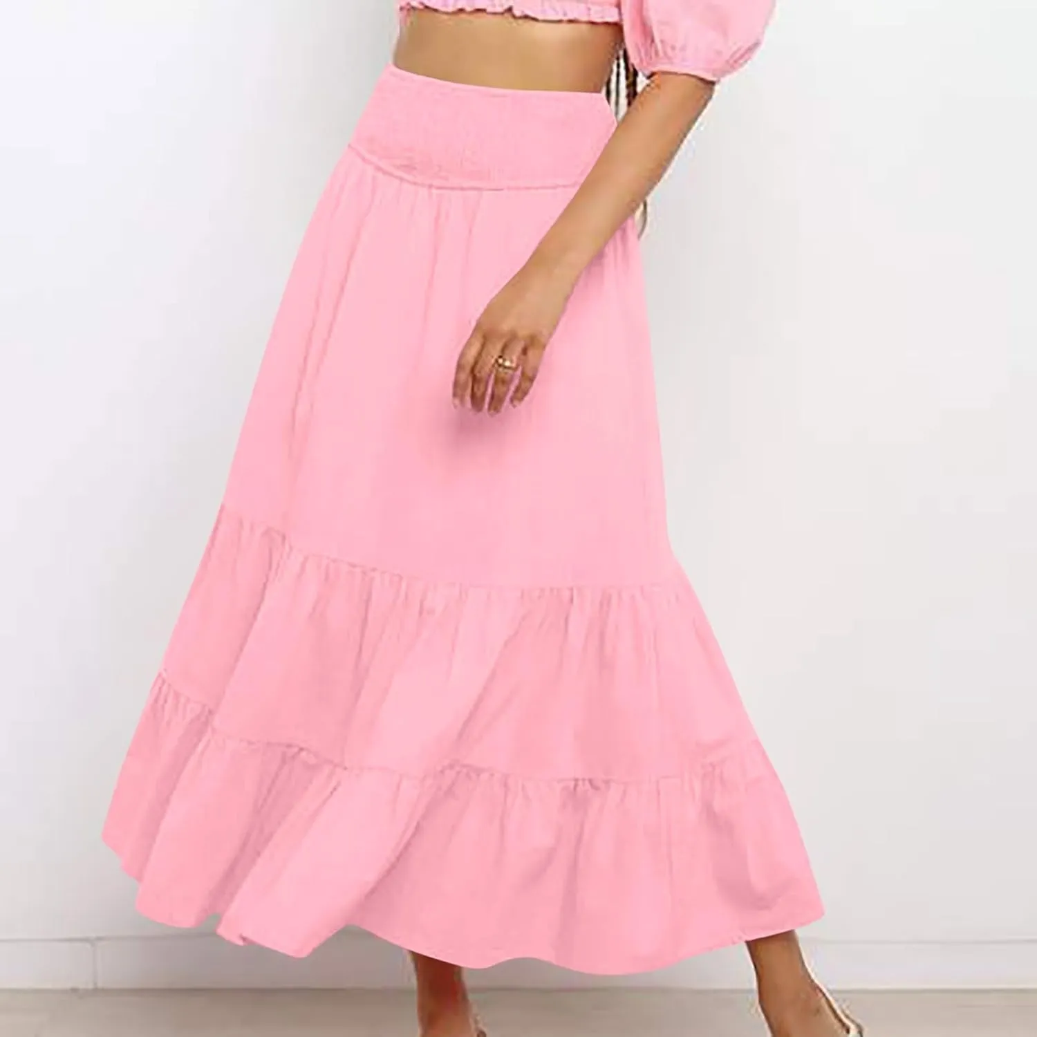 Women Summer Midi Skirts Flowy Elastic High Waist Pleated Tiered Casual Swing Boho A Line Ruffle Skirt