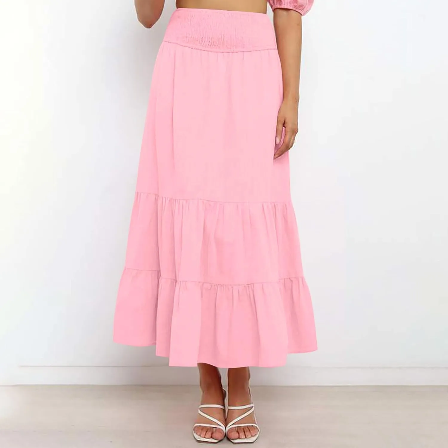 Women Summer Midi Skirts Flowy Elastic High Waist Pleated Tiered Casual Swing Boho A Line Ruffle Skirt