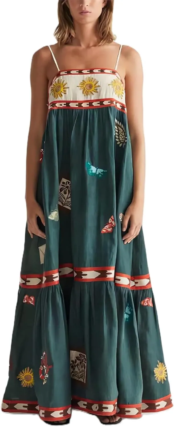 Women Summer Vocation Boho Floral Long Dress Sleeveless Flowy Tiered A Line Maxi Sundress Going Out Flower Beach Dress