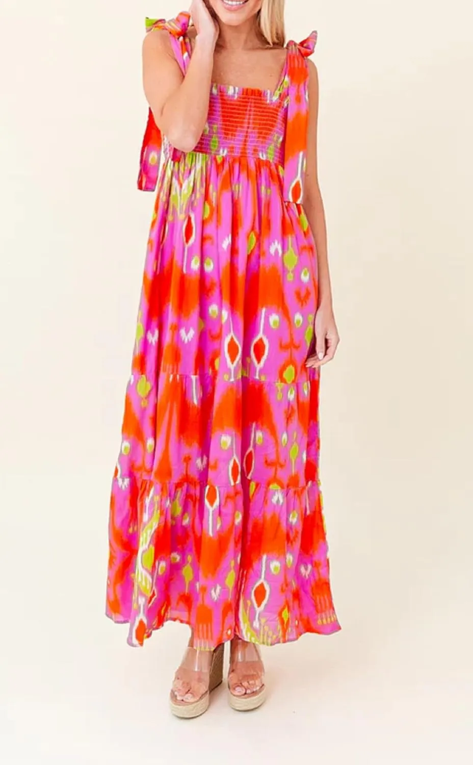 Women Summer Vocation Boho Floral Long Dress Sleeveless Flowy Tiered A Line Maxi Sundress Going Out Flower Beach Dress