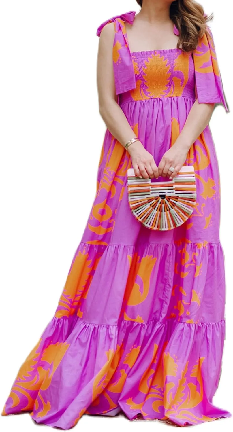 Women Summer Vocation Boho Floral Long Dress Sleeveless Flowy Tiered A Line Maxi Sundress Going Out Flower Beach Dress