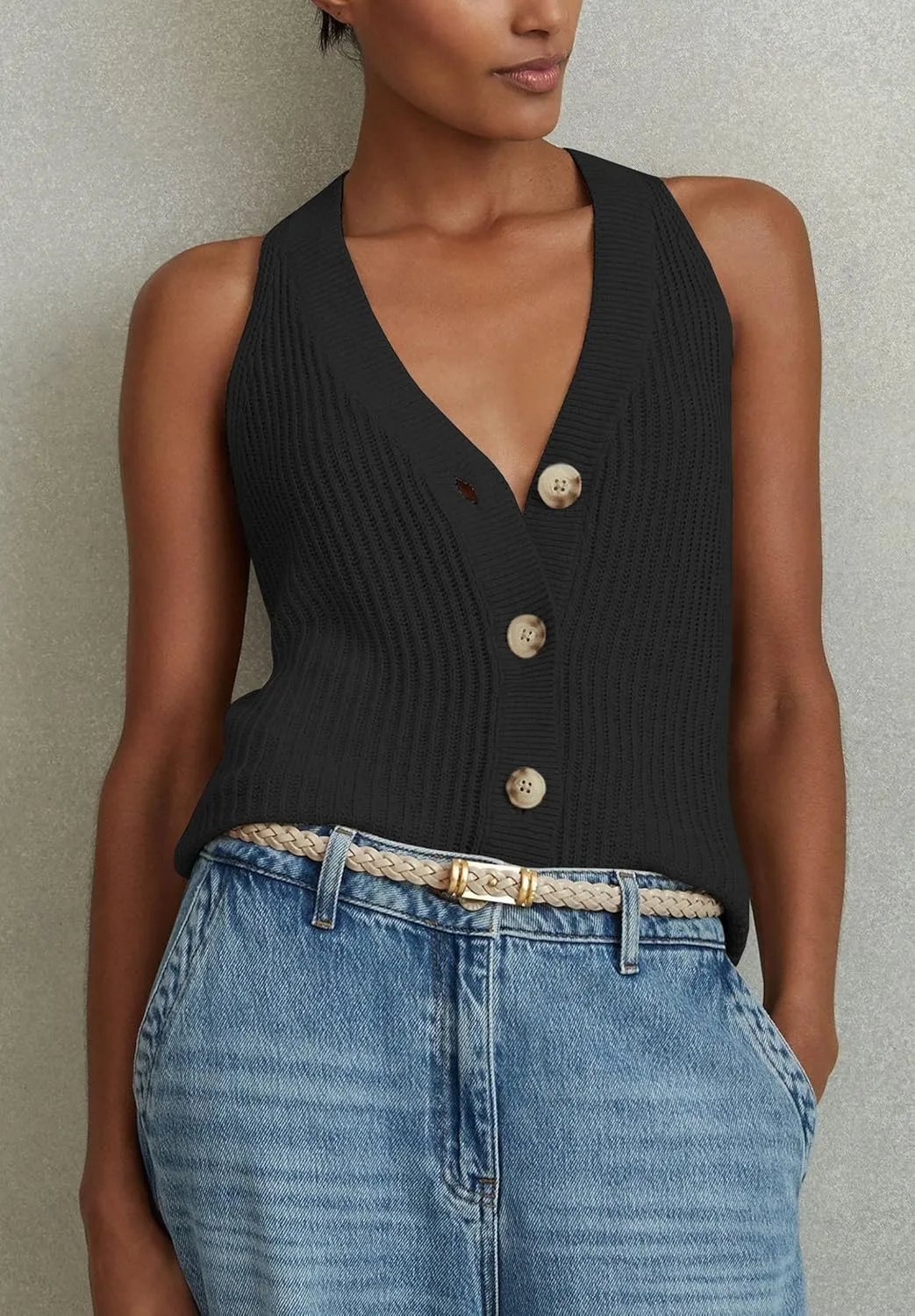 Women Sweater Vest Tops Sleeveless Button Down V Neck Knit Tank Top Slim Casual Cardigan Vest