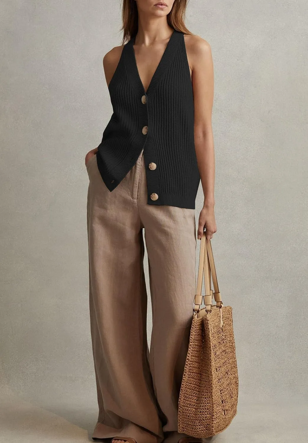 Women Sweater Vest Tops Sleeveless Button Down V Neck Knit Tank Top Slim Casual Cardigan Vest