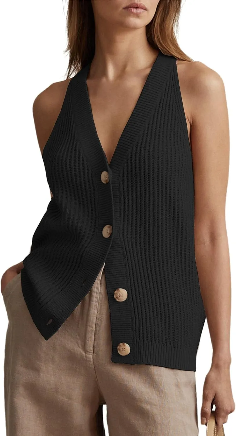 Women Sweater Vest Tops Sleeveless Button Down V Neck Knit Tank Top Slim Casual Cardigan Vest