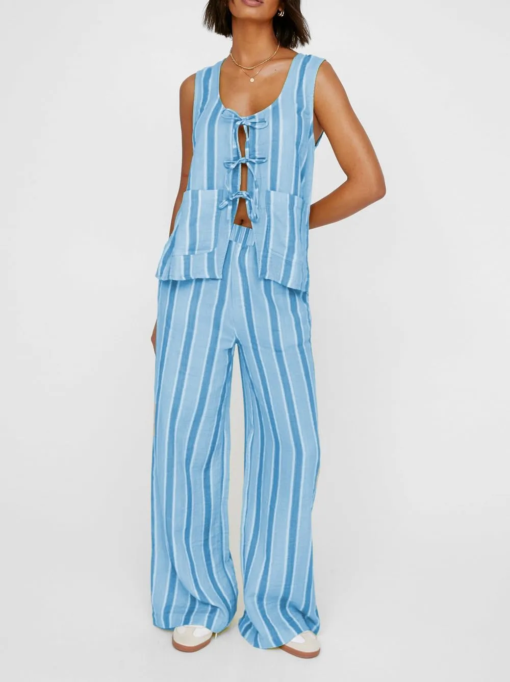 Women Tie Front 2 Piece Pants Outfit Striped Open Front Vest Top Wide leg Lounge Pants Y2K Summer Going Out Set