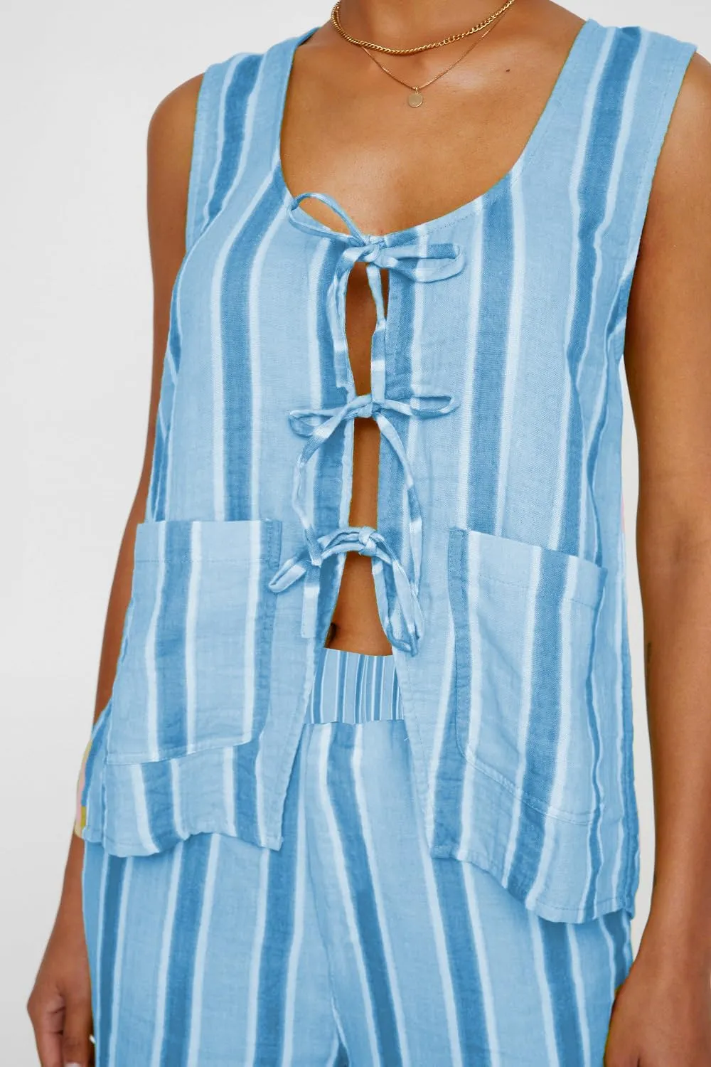 Women Tie Front 2 Piece Pants Outfit Striped Open Front Vest Top Wide leg Lounge Pants Y2K Summer Going Out Set