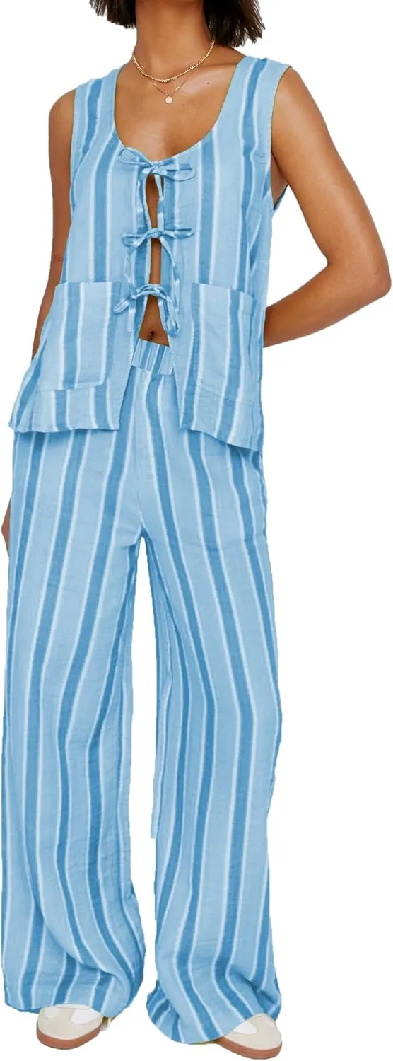 Women Tie Front 2 Piece Pants Outfit Striped Open Front Vest Top Wide leg Lounge Pants Y2K Summer Going Out Set