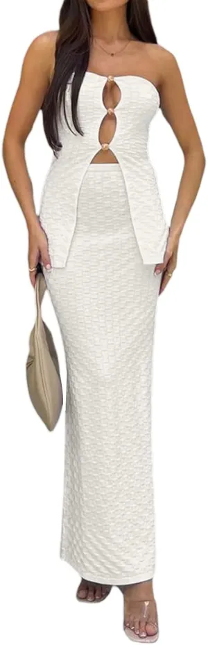 Women Y2k 2 Piece Maxi Skirt Set Sexy Sleeveless Crop Top High Waist Bodycon Long Skirts Going Out Outfit (White-A, L)
