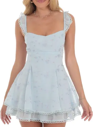 Women Y2K Bodycon Mini Dresses Spaghetti Strap Floral Square Neck A Line Short Dress Ruffle Lace Up Partywear