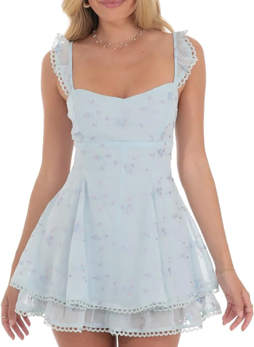 Women Y2K Bodycon Mini Dresses Spaghetti Strap Floral Square Neck A Line Short Dress Ruffle Lace Up Partywear