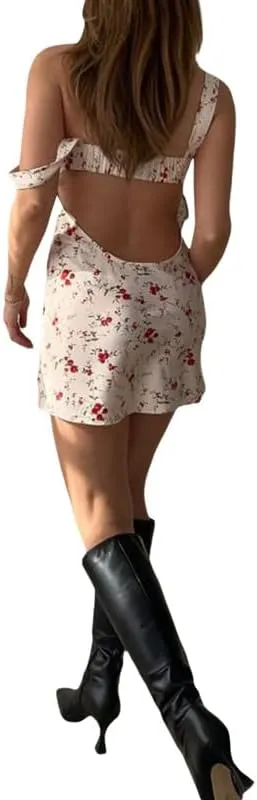 Women Y2K Floral Spaghetti Strap Mini Dress Bodycon Square Neck A Line Short Dress Ruffle Sleeve Lace Up Partywear