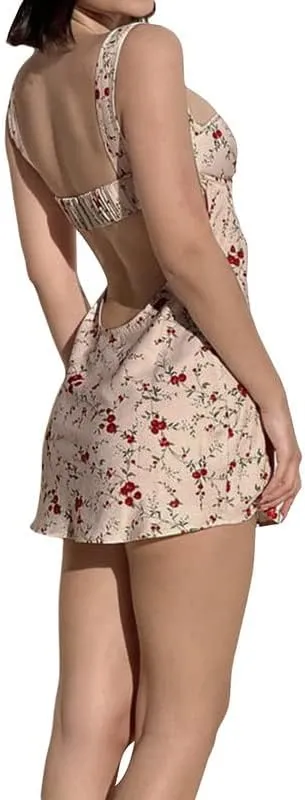 Women Y2K Floral Spaghetti Strap Mini Dress Bodycon Square Neck A Line Short Dress Ruffle Sleeve Lace Up Partywear