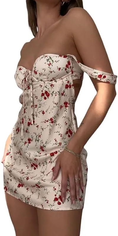 Women Y2K Floral Spaghetti Strap Mini Dress Bodycon Square Neck A Line Short Dress Ruffle Sleeve Lace Up Partywear