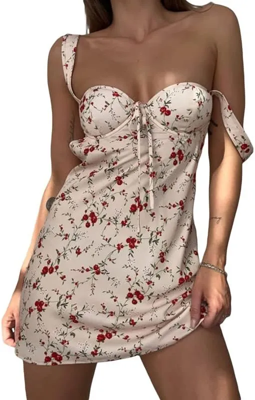 Women Y2K Floral Spaghetti Strap Mini Dress Bodycon Square Neck A Line Short Dress Ruffle Sleeve Lace Up Partywear