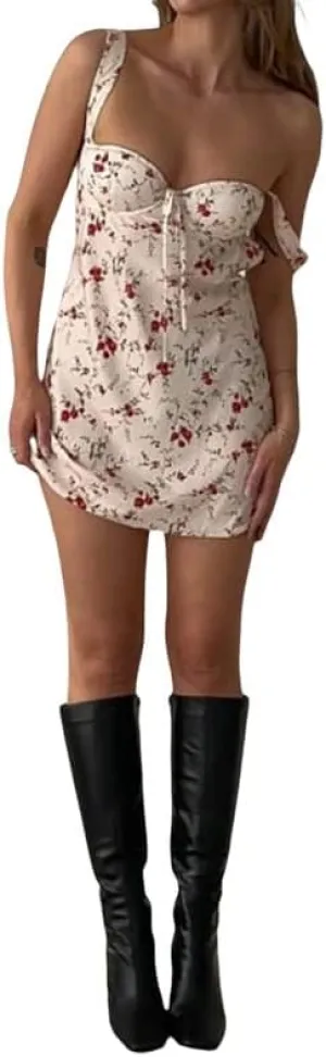 Women Y2K Floral Spaghetti Strap Mini Dress Bodycon Square Neck A Line Short Dress Ruffle Sleeve Lace Up Partywear