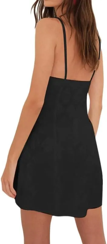 Women Y2K Floral Spaghetti Strap Mini Dress Bodycon Square Neck A Line Short Dress Ruffle Sleeve Lace Up Partywear