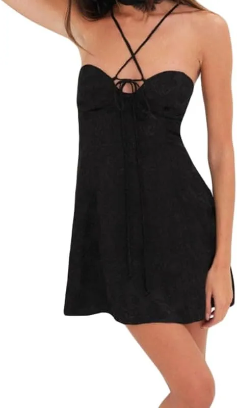 Women Y2K Floral Spaghetti Strap Mini Dress Bodycon Square Neck A Line Short Dress Ruffle Sleeve Lace Up Partywear