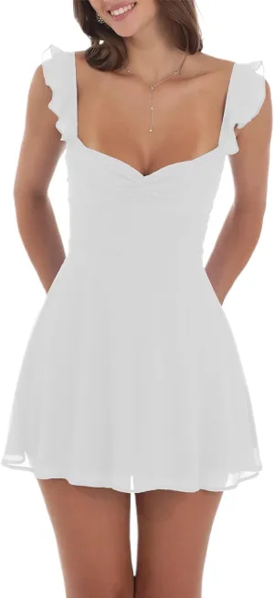 Women Y2k Lace White Mini Dress Squre Neck Bodycon Short Dress Graduation Formal Going Out Party Dresses