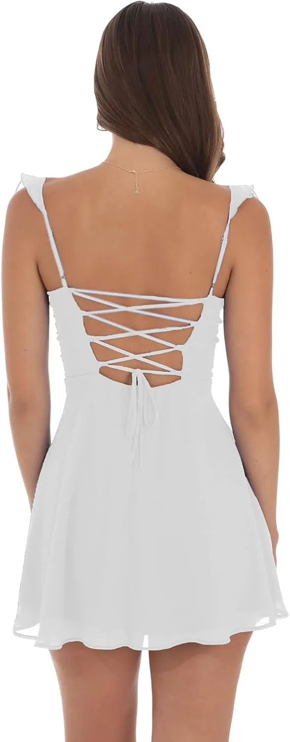 Women Y2k Lace White Mini Dress Squre Neck Bodycon Short Dress Graduation Formal Going Out Party Dresses