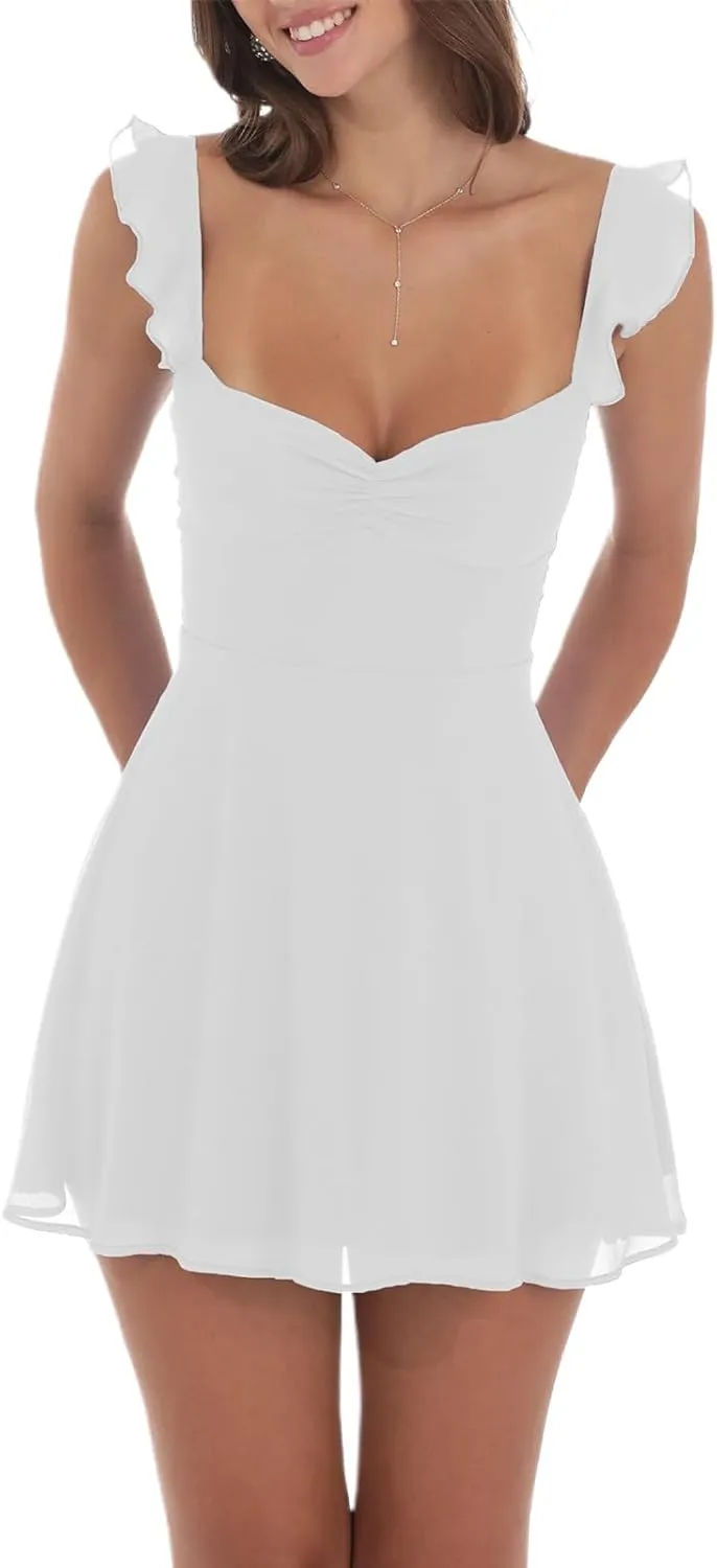 Women Y2k Lace White Mini Dress Squre Neck Bodycon Short Dress Graduation Formal Going Out Party Dresses