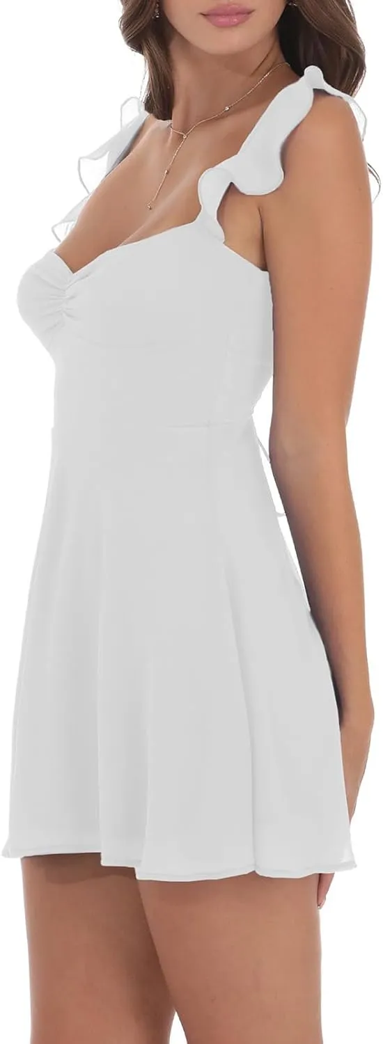Women Y2k Lace White Mini Dress Squre Neck Bodycon Short Dress Graduation Formal Going Out Party Dresses