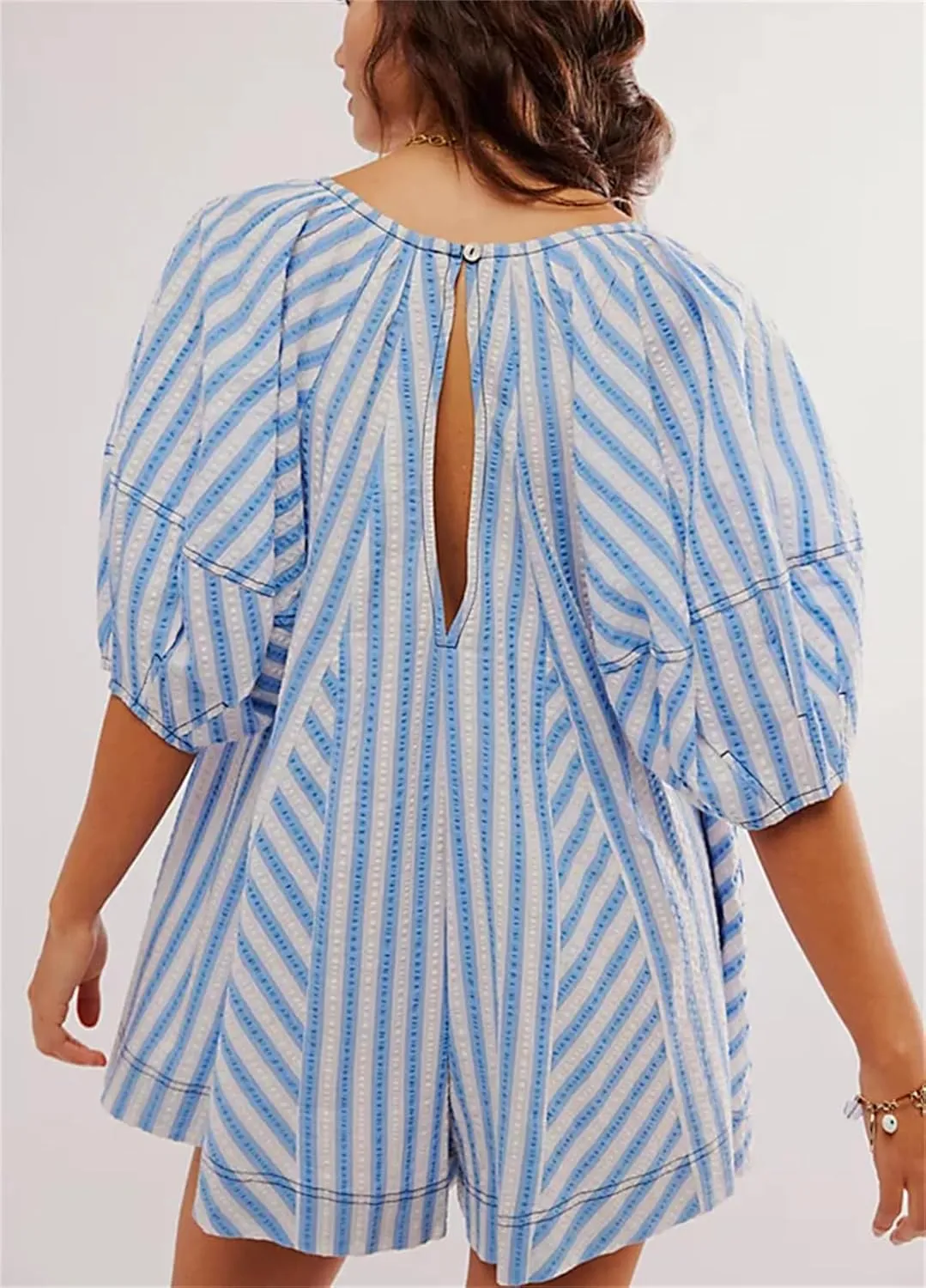 Women Y2K Puff Sleeve Striped Oversized Romper Dress Summer V Neck Overall Wide Leg Loose Jumpsuit with Pocket