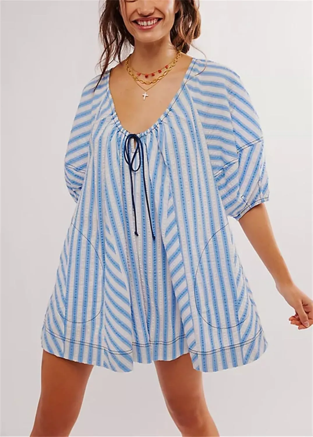 Women Y2K Puff Sleeve Striped Oversized Romper Dress Summer V Neck Overall Wide Leg Loose Jumpsuit with Pocket