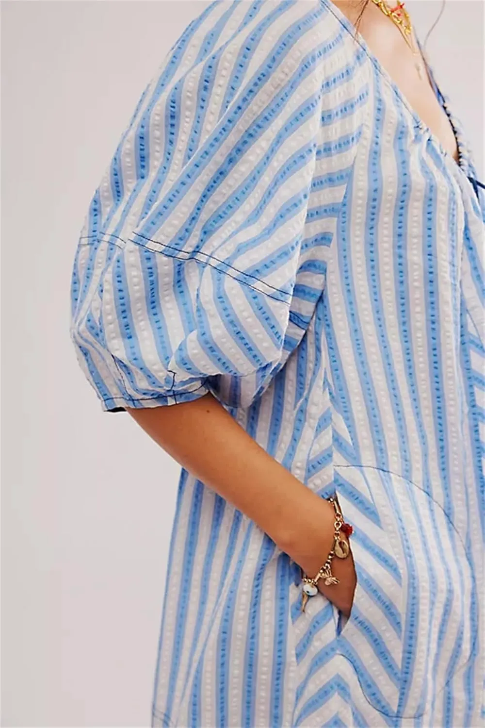 Women Y2K Puff Sleeve Striped Oversized Romper Dress Summer V Neck Overall Wide Leg Loose Jumpsuit with Pocket