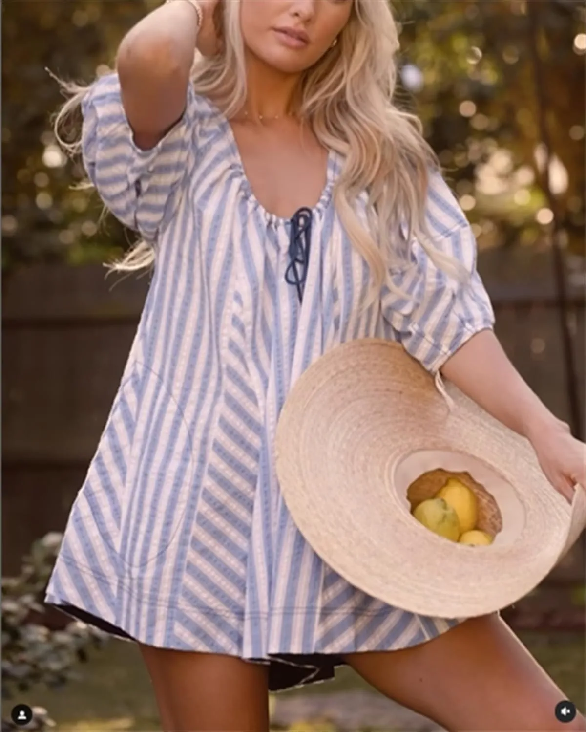 Women Y2K Puff Sleeve Striped Oversized Romper Dress Summer V Neck Overall Wide Leg Loose Jumpsuit with Pocket