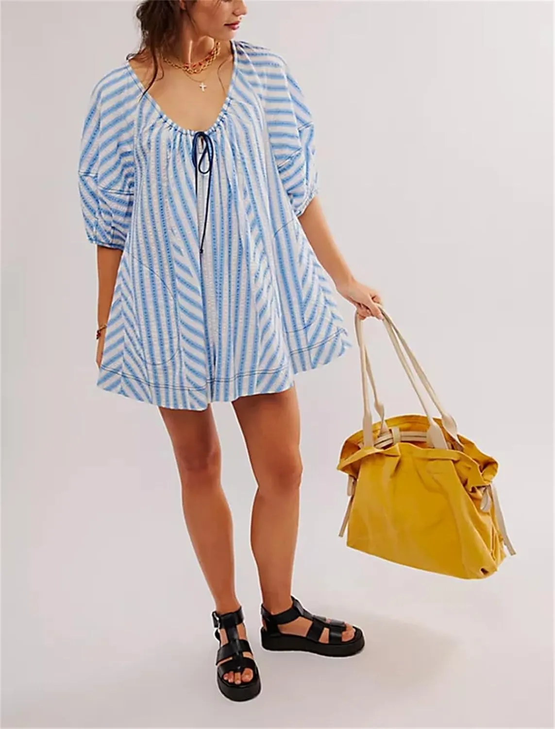 Women Y2K Puff Sleeve Striped Oversized Romper Dress Summer V Neck Overall Wide Leg Loose Jumpsuit with Pocket