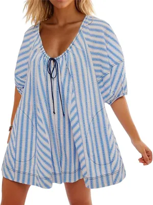 Women Y2K Puff Sleeve Striped Oversized Romper Dress Summer V Neck Overall Wide Leg Loose Jumpsuit with Pocket