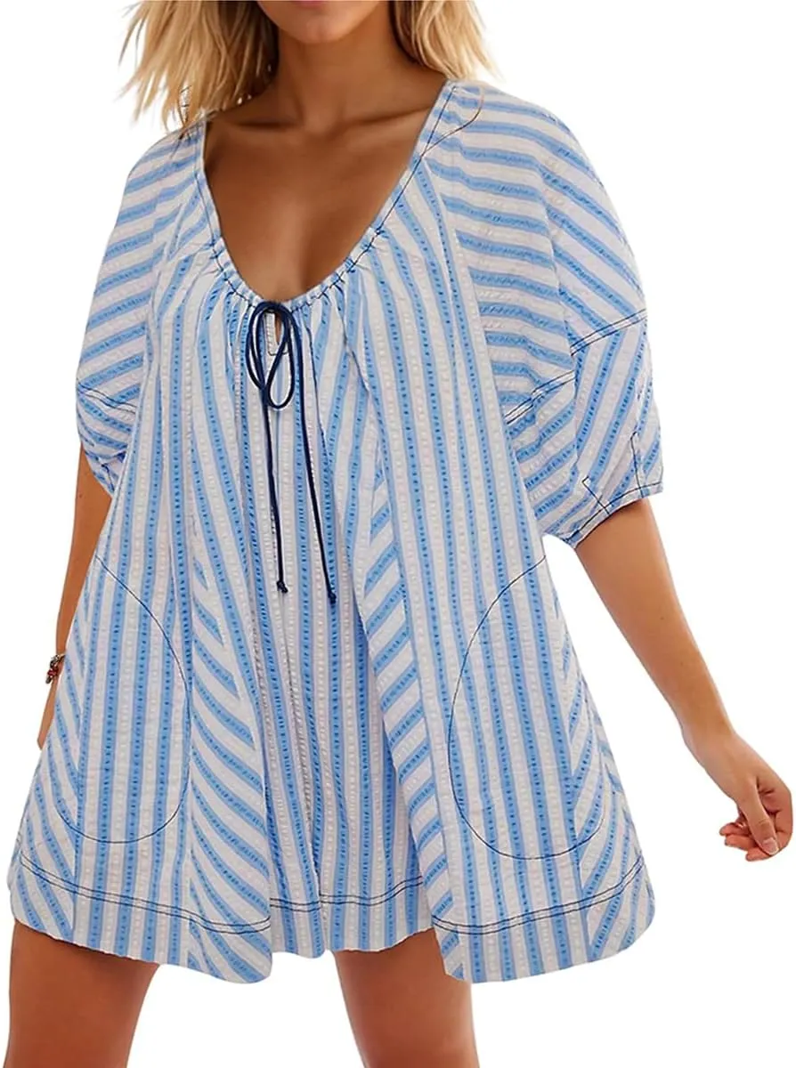 Women Y2K Puff Sleeve Striped Oversized Romper Dress Summer V Neck Overall Wide Leg Loose Jumpsuit with Pocket