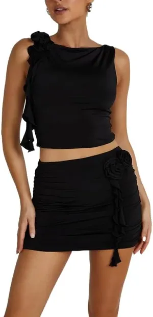 Women Y2K Ruffle Mesh 2 Piece Skirt Set Sheer Sleeveless Tube Top Flower Ruffle Split Mini Skirt Streetwear Outfits