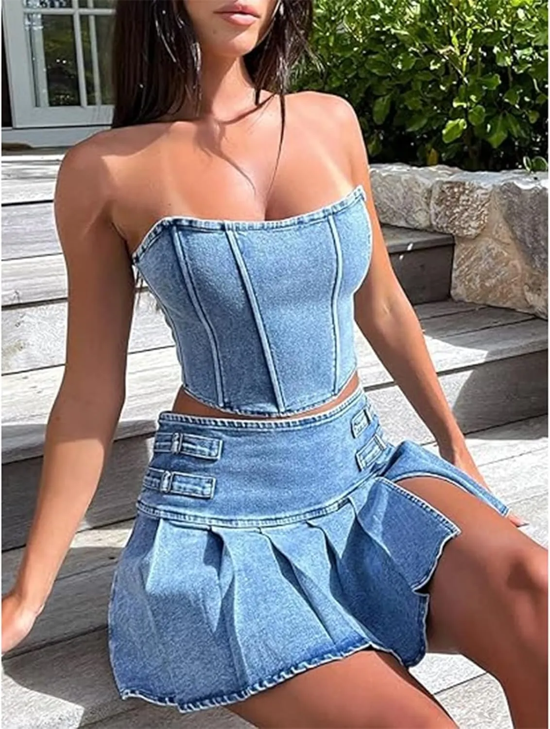 Women's 2 Piece Jeans Outfit Summer Sleeveless Off Shoulder Denim Tank Crop Top   Pleated Denim Skirt Sets