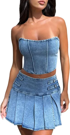 Women's 2 Piece Jeans Outfit Summer Sleeveless Off Shoulder Denim Tank Crop Top   Pleated Denim Skirt Sets