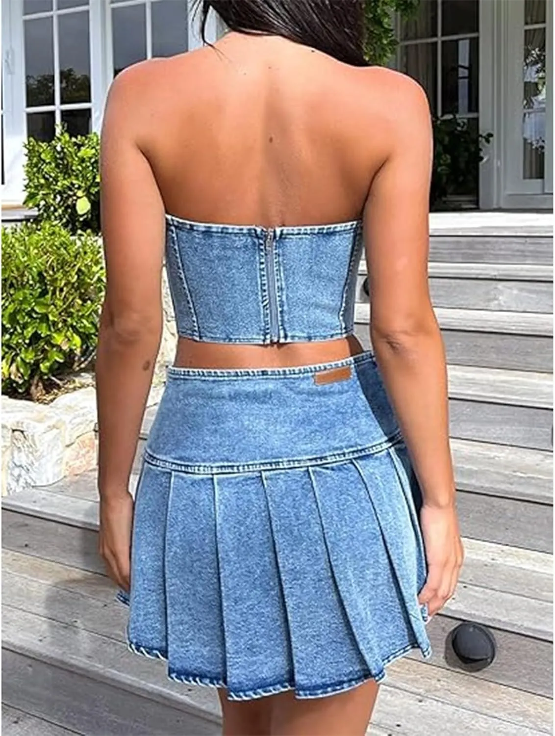 Women's 2 Piece Jeans Outfit Summer Sleeveless Off Shoulder Denim Tank Crop Top   Pleated Denim Skirt Sets