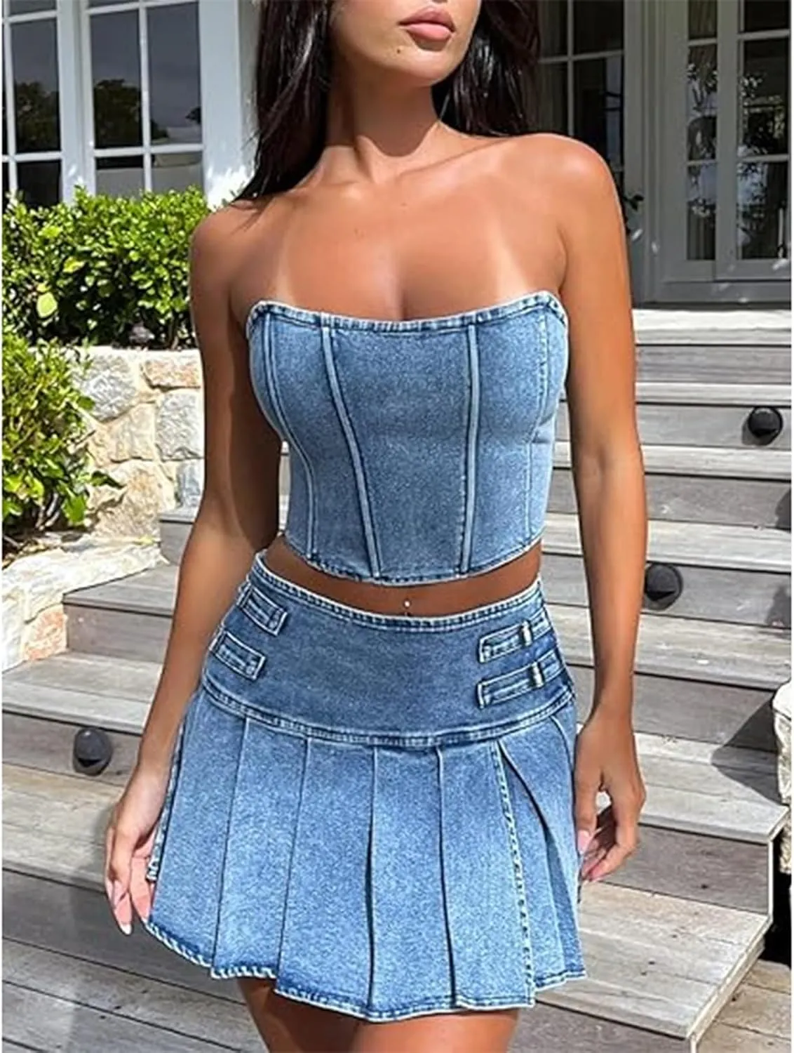 Women's 2 Piece Jeans Outfit Summer Sleeveless Off Shoulder Denim Tank Crop Top   Pleated Denim Skirt Sets