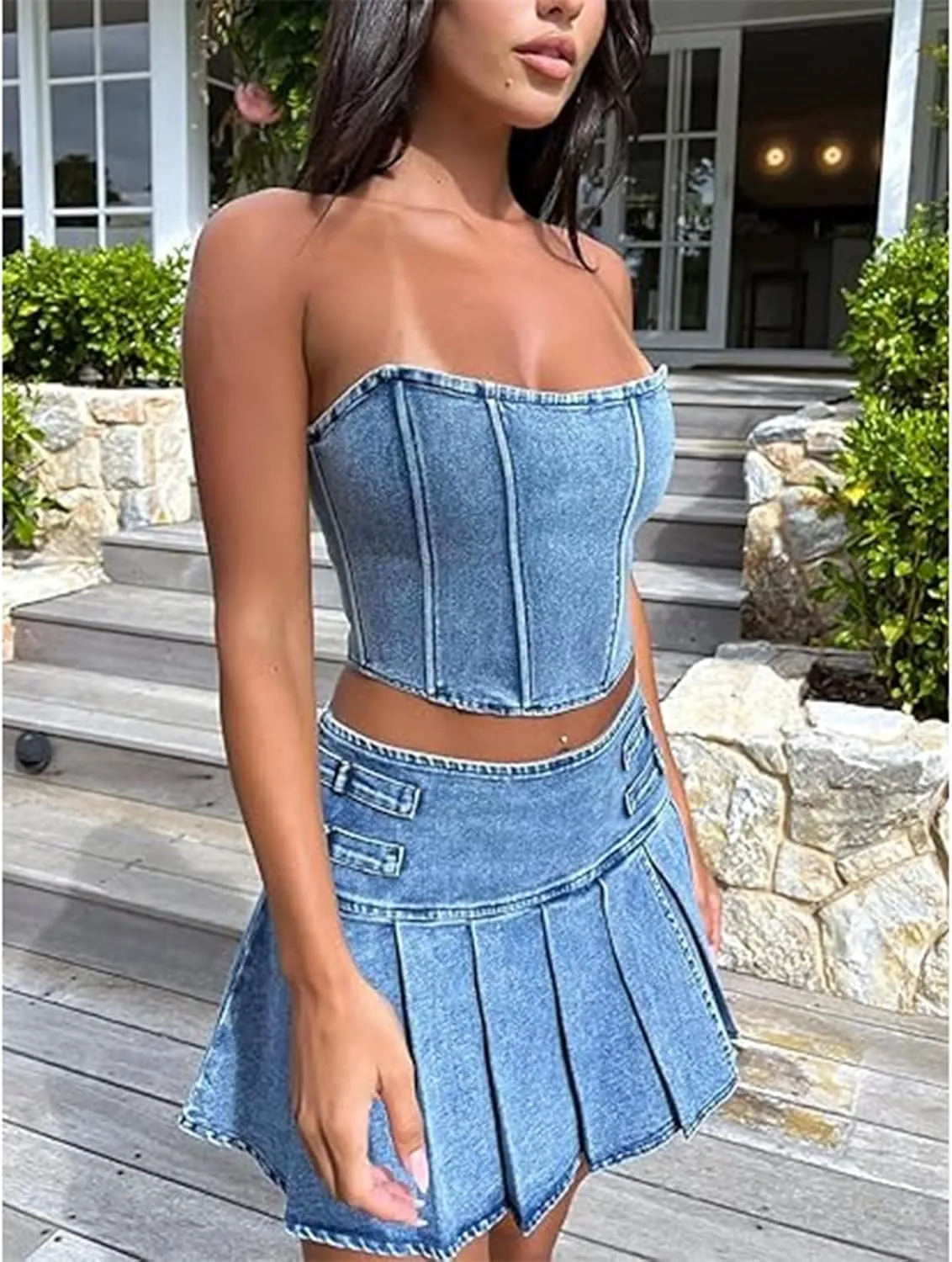 Women's 2 Piece Jeans Outfit Summer Sleeveless Off Shoulder Denim Tank Crop Top   Pleated Denim Skirt Sets