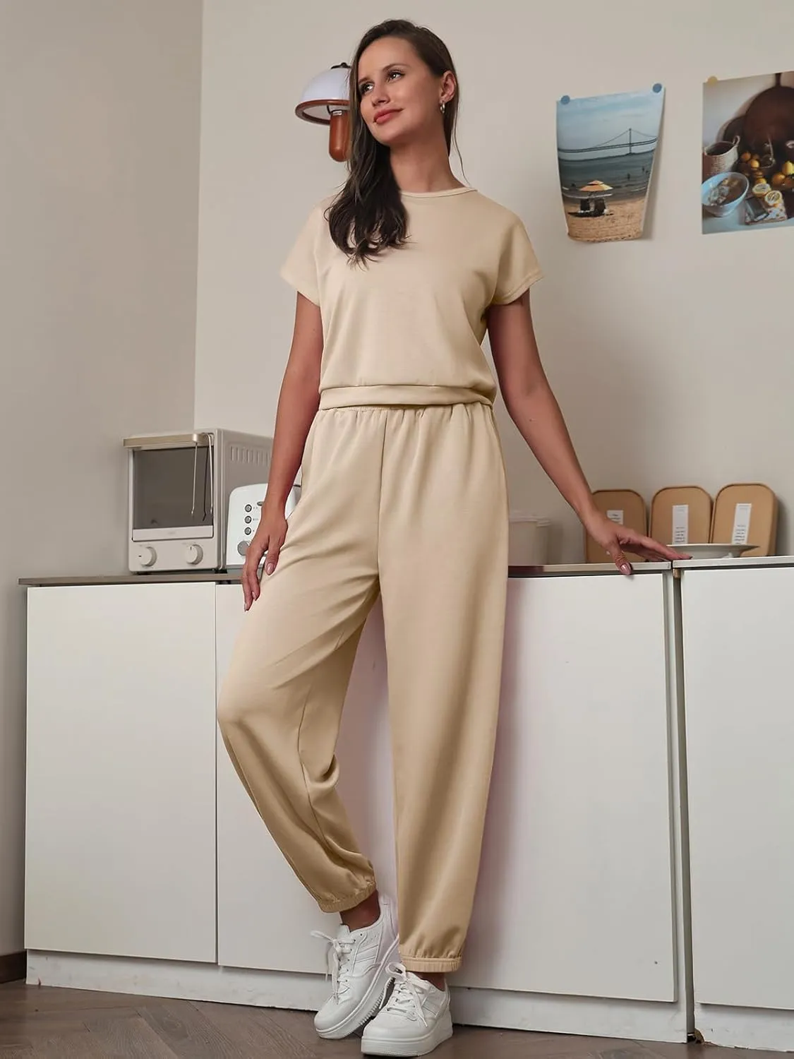 Women's 2 Piece Outfits Cap Sleeve Tops High Waist Pants Lounge Set Athletic Jogger Tracksuit Fashion Loungewear