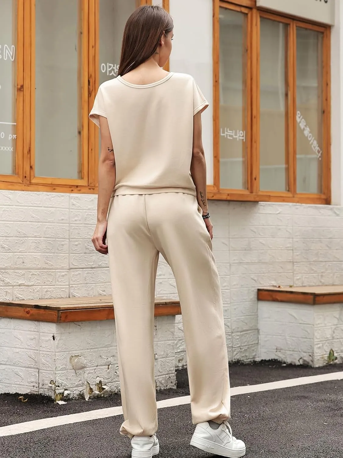 Women's 2 Piece Outfits Cap Sleeve Tops High Waist Pants Lounge Set Athletic Jogger Tracksuit Fashion Loungewear