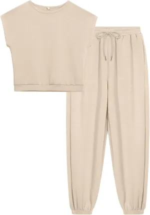 Women's 2 Piece Outfits Cap Sleeve Tops High Waist Pants Lounge Set Athletic Jogger Tracksuit Fashion Loungewear