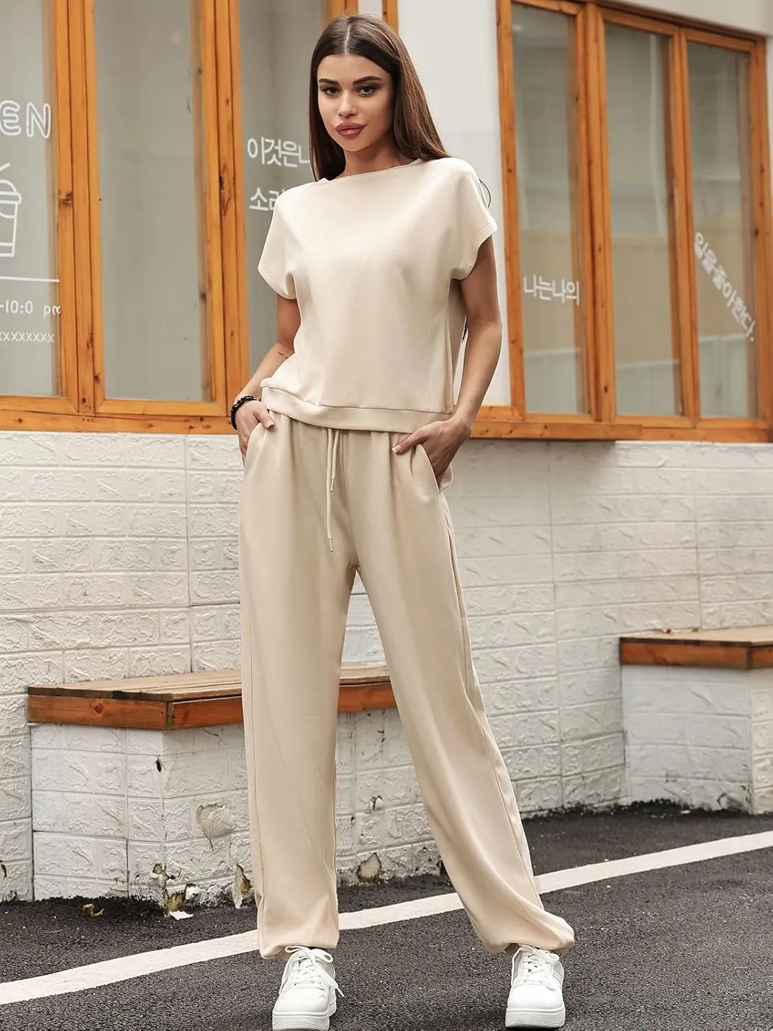 Women's 2 Piece Outfits Cap Sleeve Tops High Waist Pants Lounge Set Athletic Jogger Tracksuit Fashion Loungewear