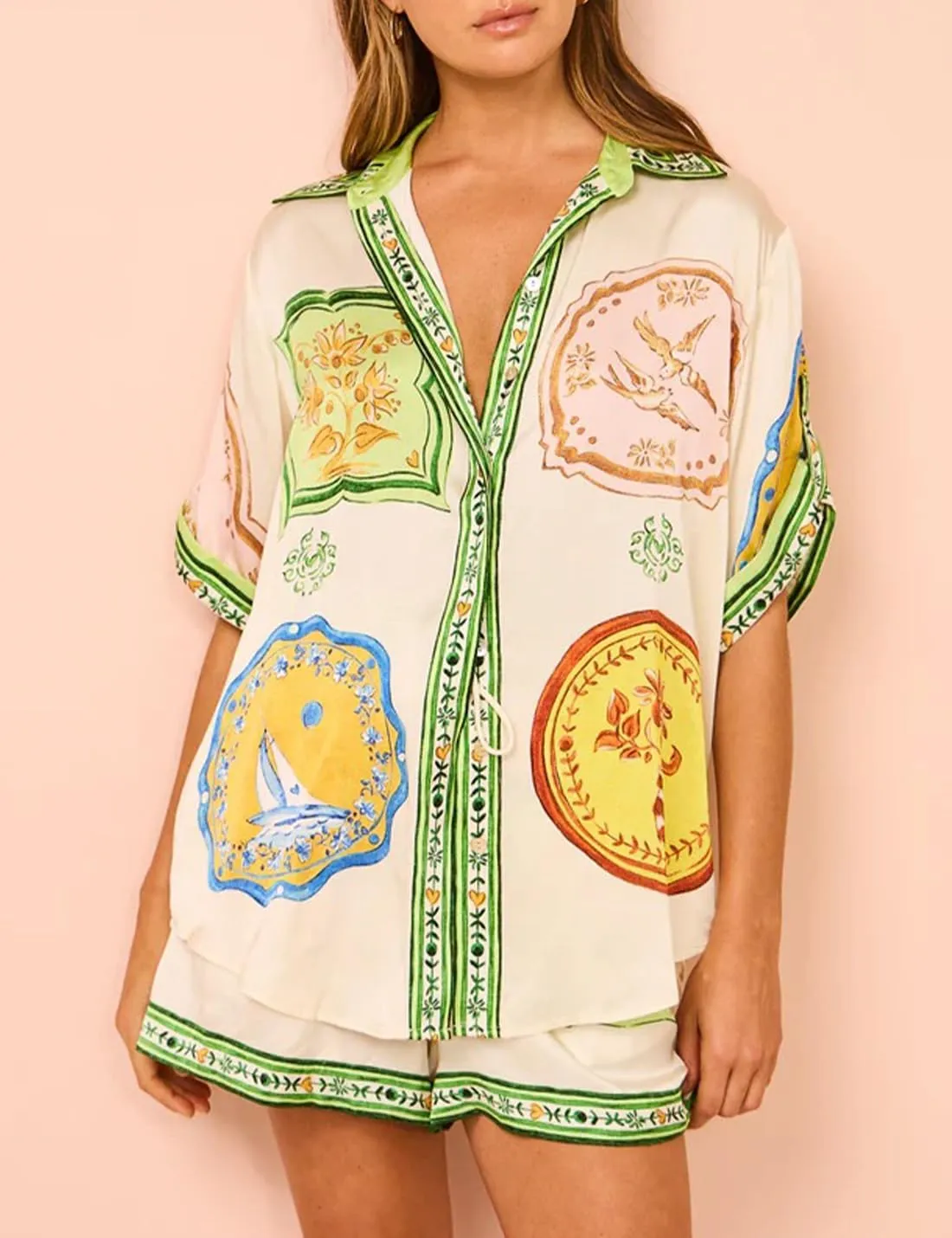 Womens 2 Piece Printed Pajama Set Short Sleeve Button Down Shirt Wide Leg Shorts Summer Loungewear Sleepwear Sets