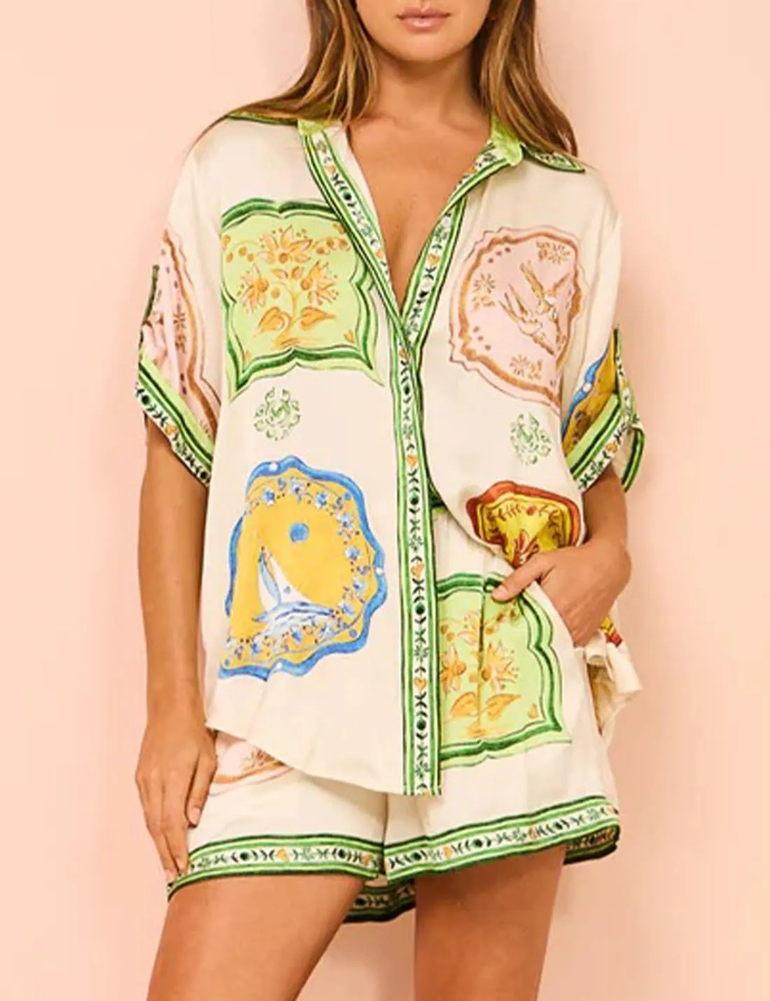 Womens 2 Piece Printed Pajama Set Short Sleeve Button Down Shirt Wide Leg Shorts Summer Loungewear Sleepwear Sets