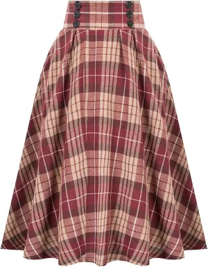 Womens A Line High Waisted Midi Skirts Button Down Fall Vintage Pleated Casual Flowy Button Down Swing Long Skirt