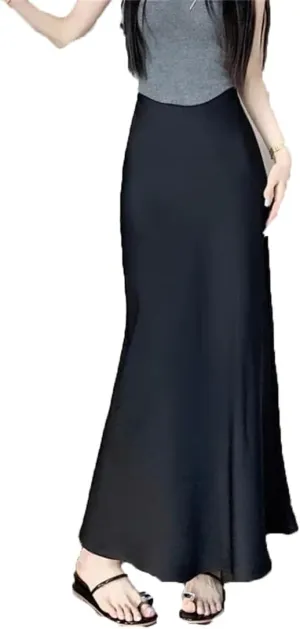 Women's A-Line Solid Color Long Silk High Waisted Satin Slim Solid Midi Skirts