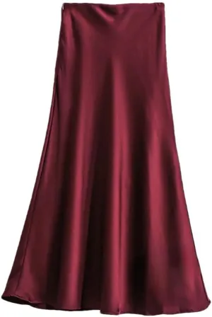 Women's A-Line Solid Color Long Silk High Waisted Satin Slim Solid Midi Skirts