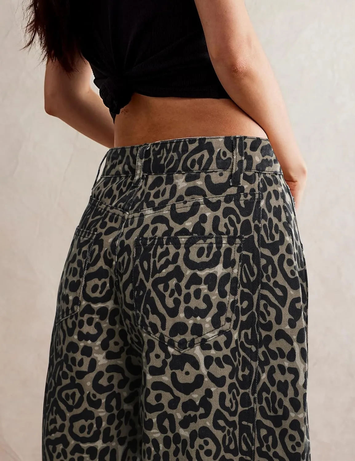 Women's Barrel Boyfriend Baggy Leopard Print Jeans Mid Rise Cropped Wide Leg Y2K Horseshoe Jeans for Women Trendy