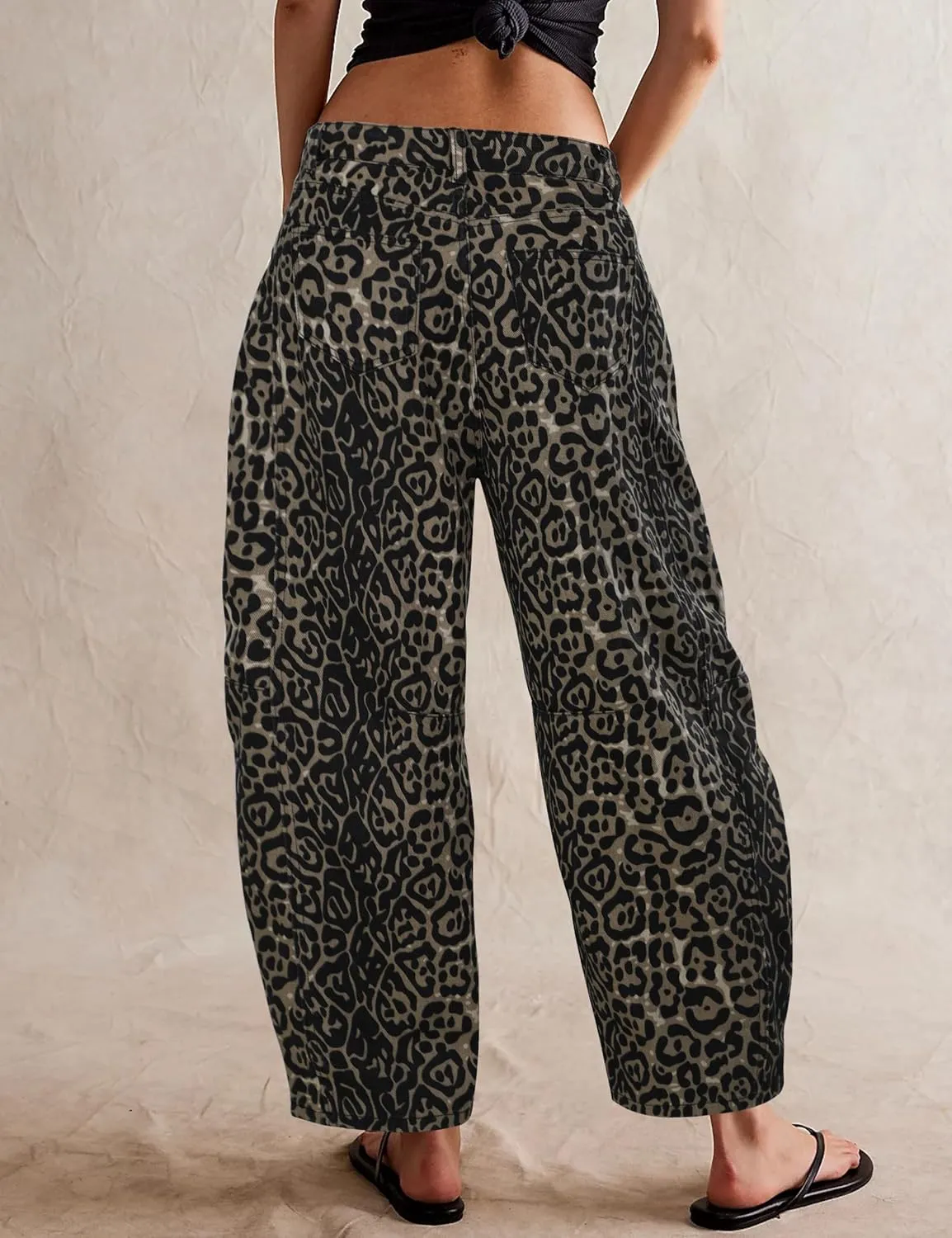 Women's Barrel Boyfriend Baggy Leopard Print Jeans Mid Rise Cropped Wide Leg Y2K Horseshoe Jeans for Women Trendy